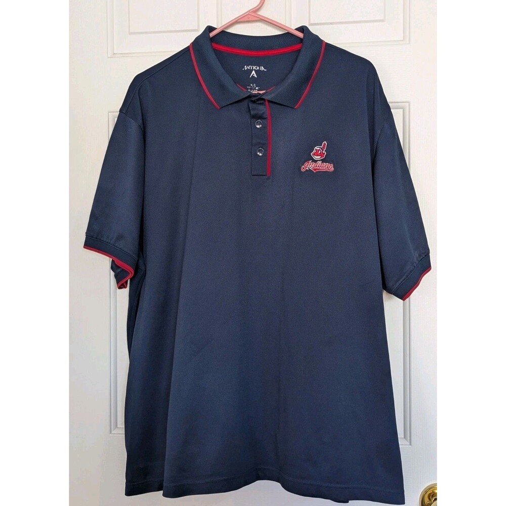 Antigua Cleveland Indians Polo Shirt Mens 2XL XXL Blue Chief Wahoo Embroidered